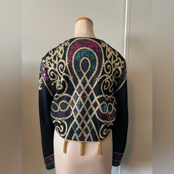 St. John by Marie Gray Evenings Black Jacket Sz. 4 Gold Tassels/ Sequined - Picture 2 of 7